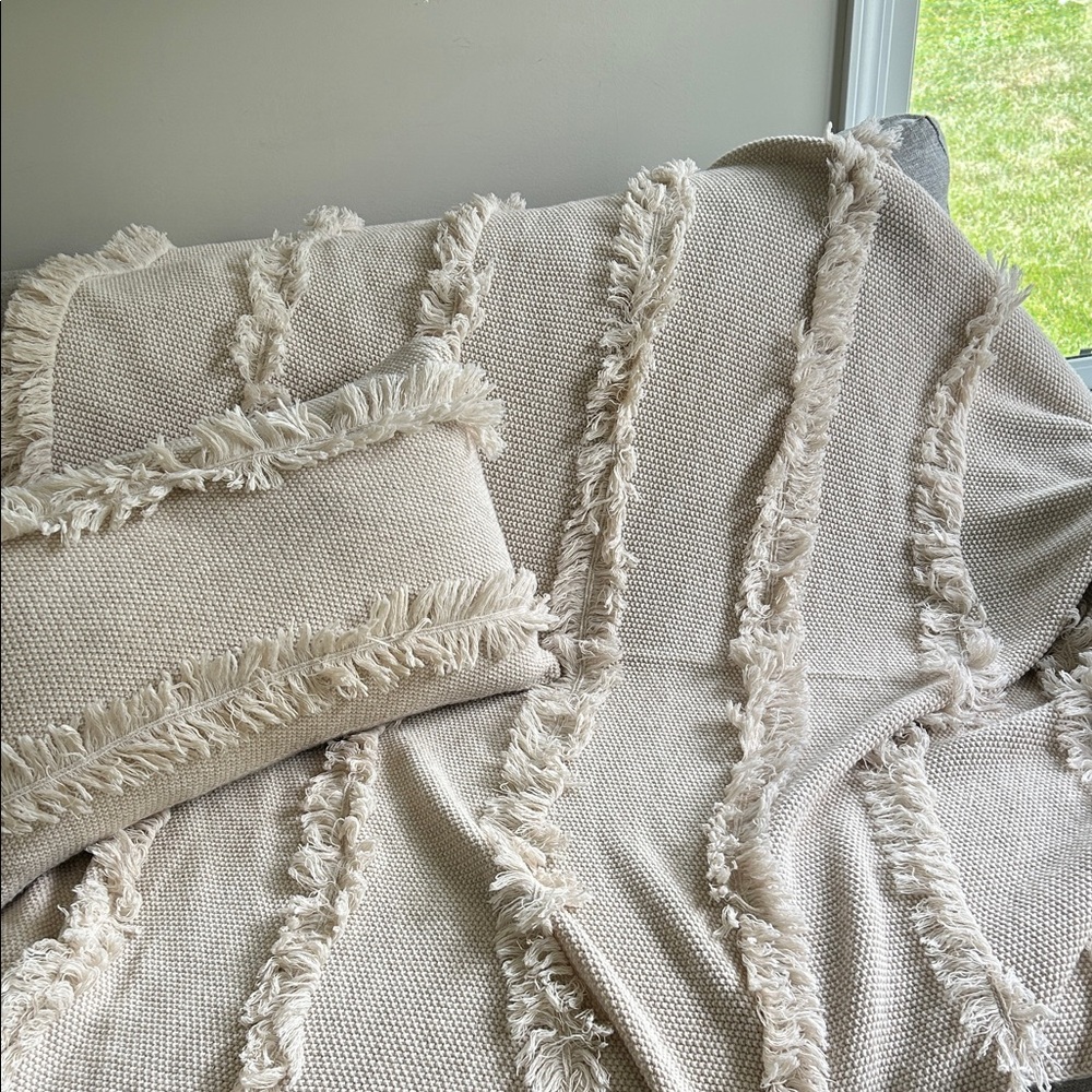 Luxurious Fringed Tan Throw Blanket and Pillow Set